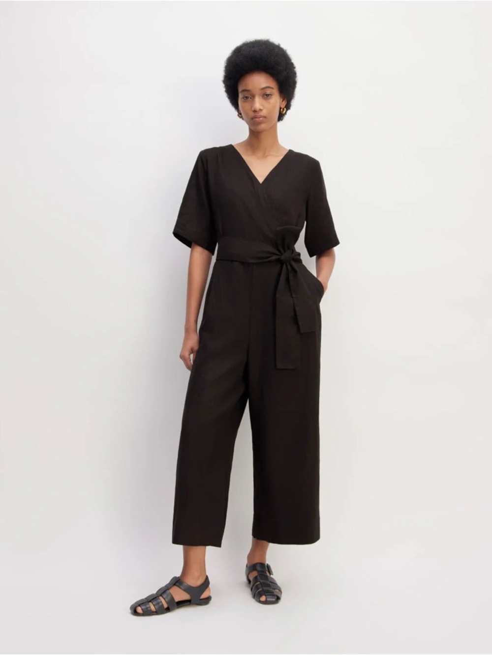Everlane The Wrap Jumpsuit In Flax Linen Black Size 8